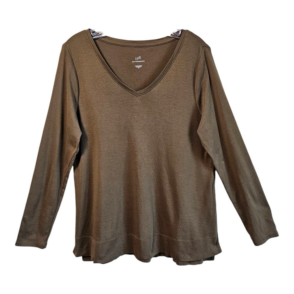 J JILL Women's M Tunic Top V-Neck Olive Long Sleeve Pima Cotton 38"